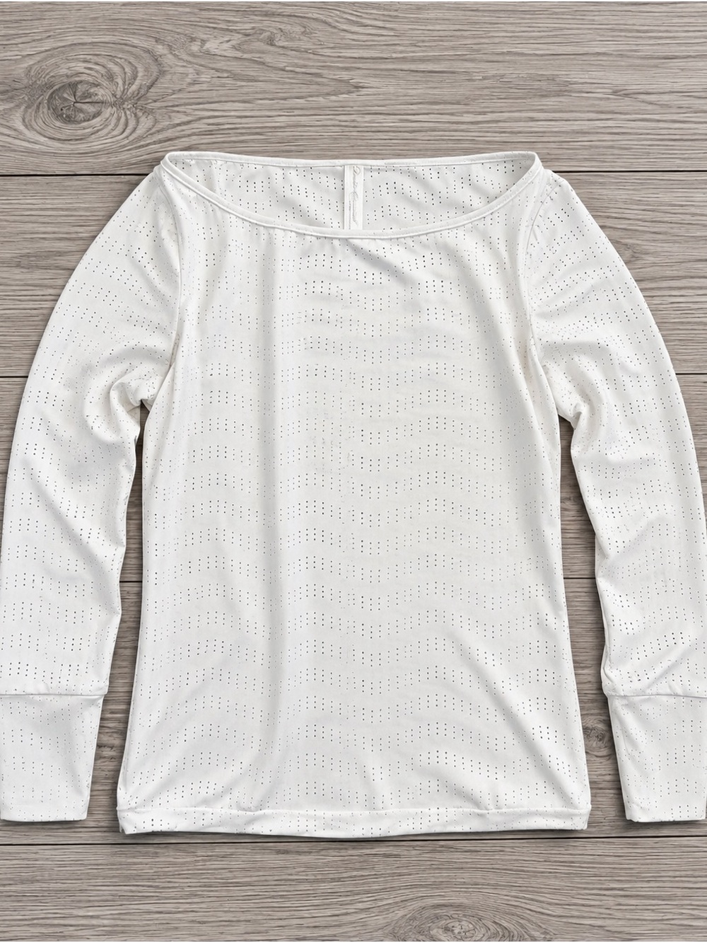 Women's White Long Sleeve Perforated Boatneck Top